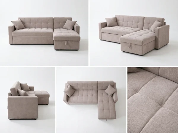 Milan Modern Light Taupe Fabric Corner Sofa Bed with Storage Chaise