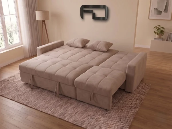 Milan Modern Light Taupe Fabric Corner Sofa Bed with Storage Chaise