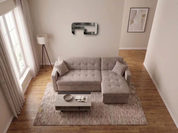 Milan Modern Light Taupe Fabric Corner Sofa Bed with Storage Chaise