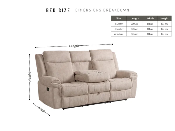 Kingston Smart Electric Recliner Sofa Range (with Storage & Tech Console) - Size Chart Kingston Smart Electric Recliner Sofa Range (with Storage & Tech Console)