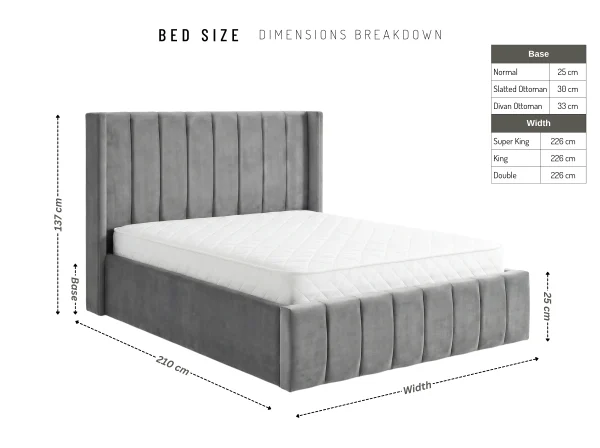 Milan Premium Fluted Wingback Bed Frame - Size Chart Milan Premium Fluted Wingback Bed Frame
