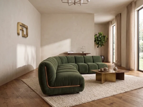 Sloane Bespoke Forest Green Modular Sectional Sofa with Oak Accents Left side view Sloane Bespoke Forest Green Modular Sectional Sofa with Oak Accents
