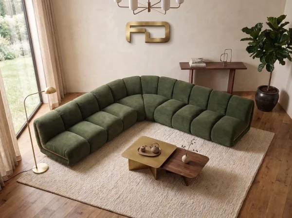 Sloane Bespoke Forest Green Modular Sectional Sofa with Oak Accents Top view Sloane Bespoke Forest Green Modular Sectional Sofa with Oak Accents