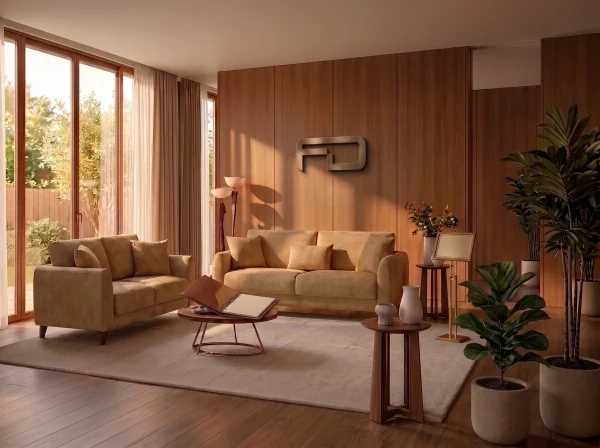 Sloane Mid-Century Woven Fabric Sofa Range (Oatmeal & Ochre) Front right view angle Sloane Mid-Century Woven Fabric Sofa Range (Oatmeal & Ochre)
