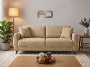 Sloane Mid-Century Woven Fabric Sofa Range (Oatmeal & Ochre) Front view Sloane Mid-Century Woven Fabric Sofa Range (Oatmeal & Ochre)