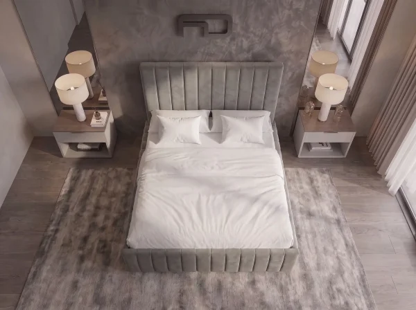 Windsor Premium Grey Velvet Vertically Panelled Bed Frame Front top angle Windsor Premium Grey Velvet Vertically Panelled Bed Frame
