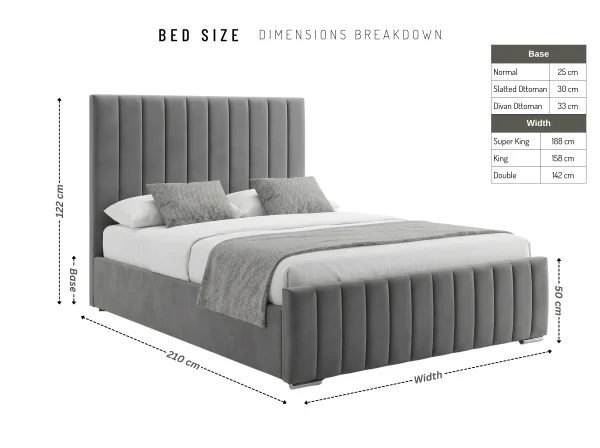 Windsor Premium Grey Velvet Vertically Panelled Bed Frame -Size Chart Windsor Premium Grey Velvet Vertically Panelled Bed Frame