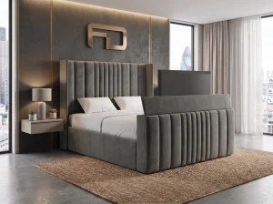 Belgravia Luxury Wingback Automated TV Bed Frame - Left Angle Belgravia Luxury Wingback Fluted TV Lift Media Bed (Fits 27" to 43" TVs)