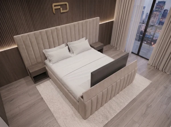 Clifton Luxury Extended Headboard Fluted TV Lift Bed (3 Piece Headboard) - Top Left Angle Clifton Luxury Extended Headboard Fluted TV Lift Bed (3 Piece Headboard)