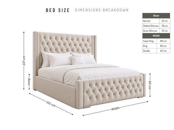 Balmoral Luxury Chesterfield Wingback Ottoman Bed - Size Chart Balmoral Luxury Chesterfield Wingback Ottoman Bed